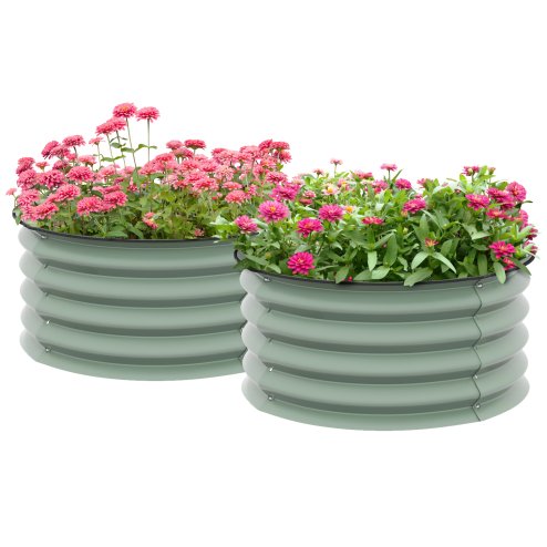 Outsunny Steel Raised Beds for Garden Set of 2, Outdoor Elevated Planter Box with Safety Edging, Easy-to-assemble Stock Tank for Growing Flowers, Herbs and Vegetables, Green