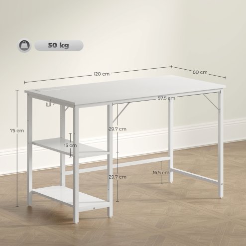 HOMCOM Computer Desk with Power Outlets, 120 x 60 cm Home Office Desk with Reversible Storage Shelves and Headphone Hook, Study Table Workstation for Bedroom, White