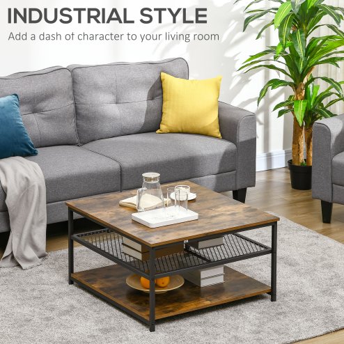 HOMCOM Coffee Table, Living Room Table with 3-Tier Storage Shelves, Square Tea Table for Home Office, Rustic Brown