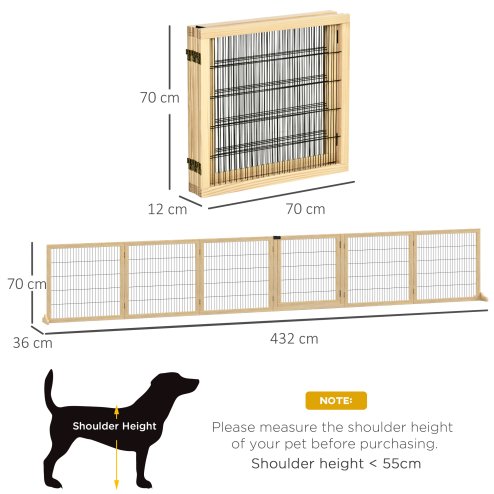 PawHut Freestanding Pet Gate, 6 Panel Foldable Playpen, Wooden Dog Gate with 2 Support Feet, for Stairs, Doorway - Natural Tone