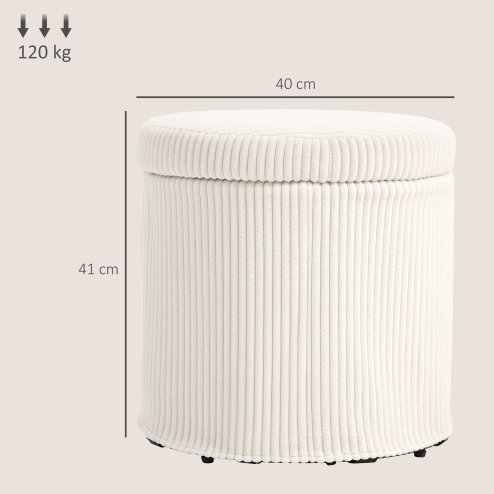 HOMCOM 40cm Round Storage Ottoman, Corduroy Footstool with Removable Lid and Legs, Vanity Stool for Living Room, Bedroom