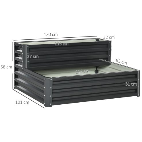 Outsunny 2 Tier Galvanised Raised Garden Bed, Outdoor Steel Planter Box with Open Bottom for Vegetables, Flowers and Herbs, 120 x 101 x 58 cm, Dark Grey