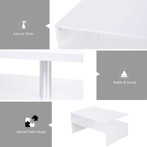 HOMCOM Coffee Table with Storage, 2-Tier Centre Table, Modern Living Room Table with Open Shelf and Aluminium Poles, White