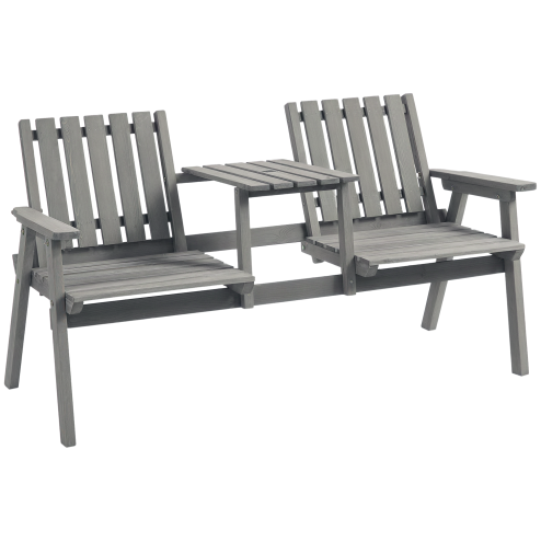 Outsunny 2-Seater Wooden Garden Bench, Antique Loveseat Chair with Table & Parasol Hole, Outdoor Bench for Porch, Patio, Grey