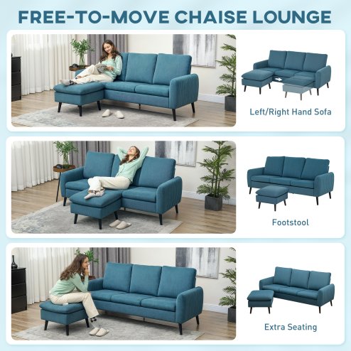 HOMCOM 3 Seater Sofa with Ottoman, 196cm Corduroy L-shaped Sofa Couch with Scatter Back, Reversible Chaise Lounge for Living Room, Home Office, Small Spaces, Blue