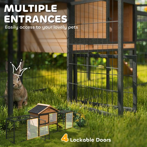 PawHut Rabbit Hutch Outdoor, Wooden Guinea Pig Hutch with Steel Run, Removable Leak Proof Tray, Water-Resistant Roof, Ramp, Small Animal House for 2-3 Bunnies, Guinea Pigs, 217 x 53 x 86 cm