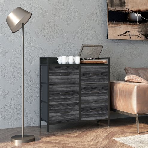 HOMCOM Bedroom Chest of Drawers, Fabric Dresser with 6 Drawers, Storage Organiser Unit with Open Shelf and Metal Frame for Living Room, Entryway