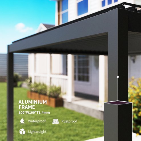 Outsunny 3 x 3(m) Electric Louvered Pergola with LED Lights, Aluminium Pergola Hardtop Gazebo with Remote, Adjustable Roof and Drainage System, Water and UV Proof