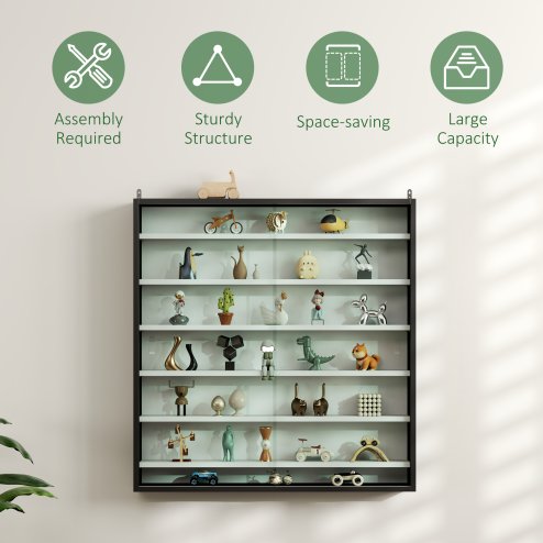 HOMCOM 7-Tier Wall Mounted Display Cabinet, Display Case with 6 Adjustable Shelves, Glass Doors for Home Office Ornaments 83x80cm, Black and White