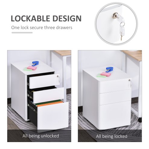 Vinsetto 3-Drawer Mobile Filing Cabinet, Steel Lockable File Cabinet for A4, Legal, Letter, Compact Under Desk Storage Unit with Pre-Assembled Body Except Wheels for Home Office, 39 x 48 x 59cm, White