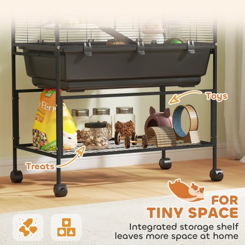 PawHut Hamster Cage, 3 Tier Large Gerbil Cage on Wheels with 17 cm Deep Tray, Storage Shelf, Big Exercise Wheel, Tube System, Hut, Platforms, Ramps, Food Dish, Water Bottle, for Syrian Hamsters, Rats