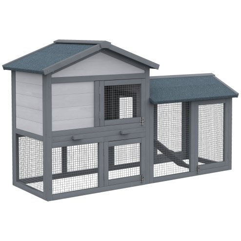 PawHut Wooden Rabbit Hutch Outdoor, Double Tier Guinea Pig Hutch, Small Animal House Water-Resistant Roof Ramp 147 x 54 x 84 cm, Grey