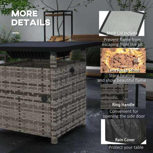 Outsunny Outdoor Rattan Gas Fire Pit Table, 50,000 BTU Square Garden Table with Fire Pit, Rain Cover, Wind Guard, Pulse-Ignition and Volcanic Rock, 72.5 x 72.5 x 67.5 cm, Grey