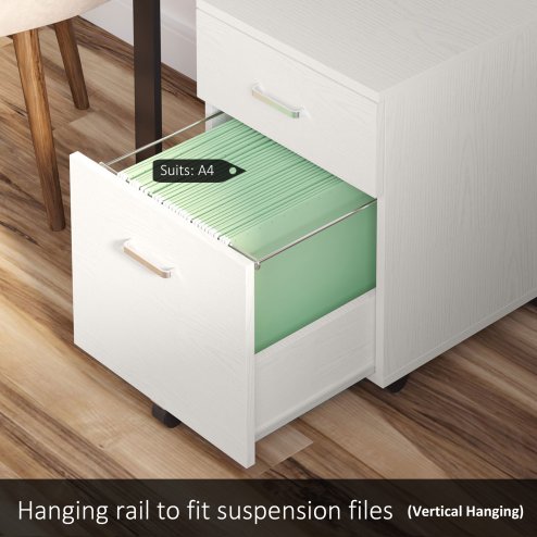 Vinsetto 2-Drawer Locking Office Filing Cabinet w/ 5 Wheels Rolling Storage Hanging A4 Cupboard Home Organisation White Wood Grain