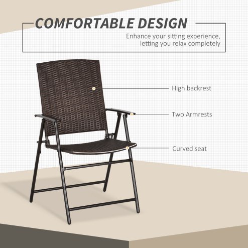 Outsunny Folding Garden Chairs Set of 4, PE Rattan Garden Dining Chairs with Armrests, High Back and Steel Frame, Weather Resistant Outdoor Dining Furniture for Patio, Balcony, Brown