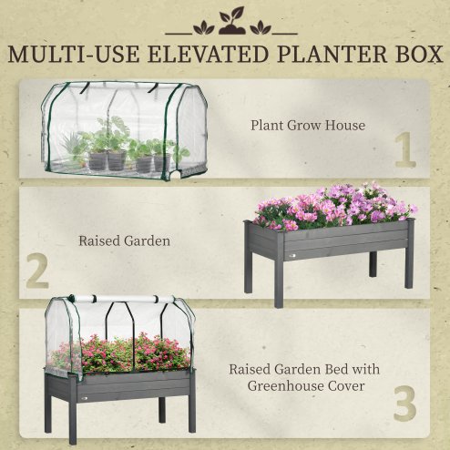 Outsunny Raised Garden Bed with PE Greenhouse Cover, Outdoor Elevated Wood Planter Box for Herbs and Vegetables, Use for Patio, Garden, Balcony, 121 x 55 x 117cm, Dark Grey