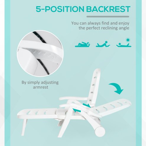 Outsunny Set of 2 Folding Sun Lounger with Wheels, 5-Position Adjustable Outdoor Deck Chair Furniture, Garden Beach Patio Pool Lounger Recliner Seat, White