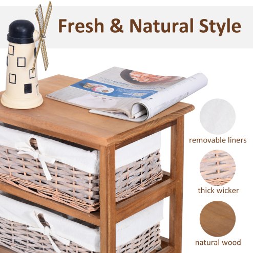 HOMCOM 5 Drawer Dresser Wicker Basket Storage Shelf Unit Wooden Frame Home Organisation Cabinet Bedroom Office Furniture Natural Finish