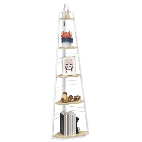 HOMCOM 5-Tier Corner Shelf, Pentagonal Storage Shelves with Foldable Steel Frame and Adjustable Feet for Living Room, Study