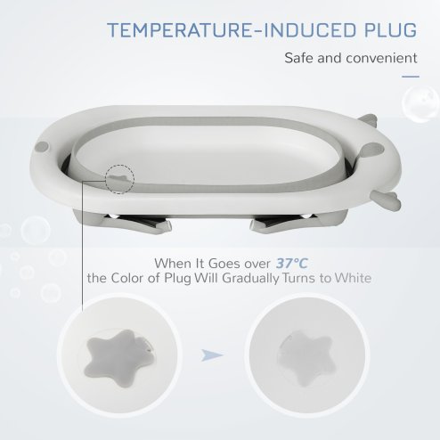 HOMCOM Foldable Baby Bathtub Set, Collapsible Bath Tub with Thermostatic Water Plug, Non-Slip Support, Cushion Pad, Drain Plugs, for Newborn to 3 Years - Offwhite