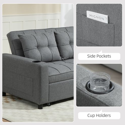 HOMCOM 2 Seater Sofa Bed, Convertible Pull Out Sofa Bed with Adjustable Backrest, Cup Holders and Pillows, Click Clack Settee for Living Room, Bedroom, Guest Room