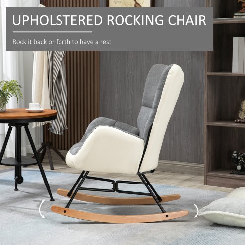 HOMCOM Rocking Chair for Nursery, Upholstered Wingback Armchair with Steel and Wood Legs for Living Room, Bedroom, Balcony, Grey and Cream