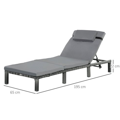 Outsunny Rattan Sun Lounger, 5-Level Adjustable Garden Lounger Recliner with Cushion and Headrest, Outdoor Reclining Sunbed, Steel Frame Garden Chair for Patio, Beach, Terrace, Dark Grey