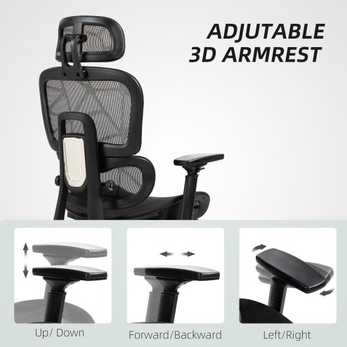 HOMCOM Ergonomic Office Chair, Mesh High Back Computer Desk Chair with 3 Level Adjustable Back, Adjustable Lumbar Support, Swivel Recliner with 3D Armrest, Headrest, Footrest, Black