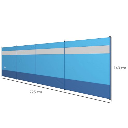 Outsunny Camping Windbreak, 5 Pole Windbreaker Blocker with Clear Windows, Carry Bag and Steel Poles, for Beach Caravan Campervan, 725 x 140cm, Blue