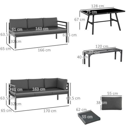 Outsunny 4 Piece L-shaped Garden Furniture Set 8-Seater Aluminium Outdoor Dining Set Conversation Sofa Set w/ Bench, Dining Table & Cushions, Grey