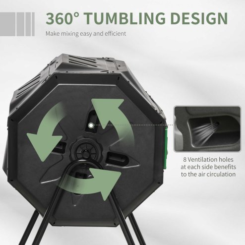 Outsunny 160L Tumbling Compost Bin Outdoor Dual Chamber 360 Rotating Composter, Garden Compost Bin w/ Sliding Doors & Solid Steel Frame, Black