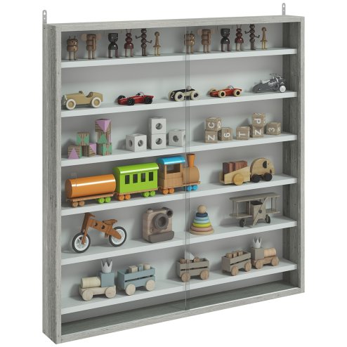 HOMCOM 7-Tier Wall Mounted Display Cabinet, Display Case with 6 Adjustable Shelves, Glass Doors for Home Office Ornaments 83x80cm, Graphite Wood Effect