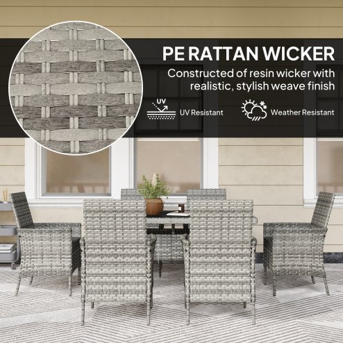 Outsunny Rattan Garden Furniture Set, 6 Seater Outdoor Dining Table and Chairs with Cushions, 150 x 90cm Rectangular Tempered Glass Table, 6 Armchairs, for Terrace, Conservatory, Balcony, Mixed-Grey