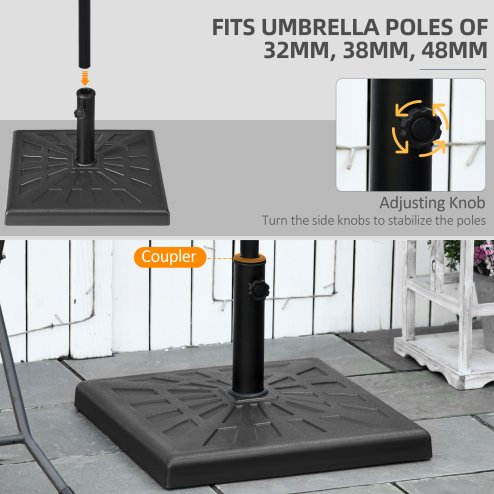 Outsunny 19kg Resin Garden Parasol Base Holder, Square Outdoor Market Umbrella Stand Weight for Poles of 32mm, 38mm, and 48mm, Black