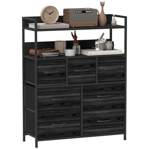 HOMCOM Bedroom Chest of Drawers, Fabric Dresser with 7 Drawers, Storage Organiser Unit with Open Shelves and Metal Frame for Living Room, Entryway