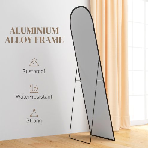 HOMCOM Full Length Mirror, 162x50cm Arched Free Standing Floor Mirror with Aluminium Alloy Frame, Hanging or Leaning for Living Room, Bedroom, Black Frame
