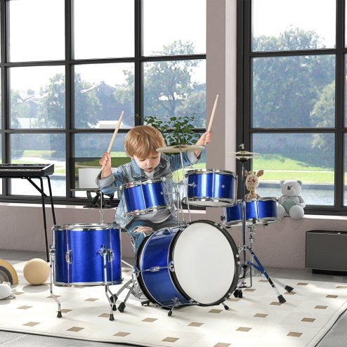 AIYAPLAY Drum Kit for Kids, Full Sized Drum Set with Five Drums, Two Cymbals, Stool, Drumsticks, Pedal, Cymbals, Musical instrument Toy, Blue