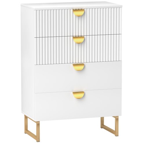 HOMCOM Bedroom Chest of Drawers with Gold Tone Handle, Modern Fluted 4-Drawer Dresser with Metal Legs for Living Room, Hallway, White