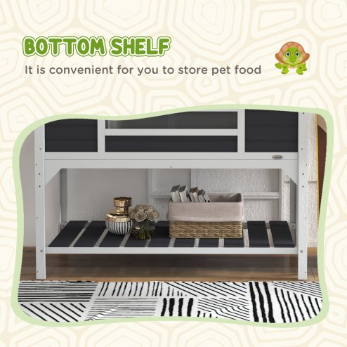 PawHut Tortoise House, Wooden Tortoise Enclosure with Adjustable Lamp Holder, Tortoise Table with Openable Lid, Dual Main Houses, Storage Shelf, Basking Area, Fixed Tray - Grey