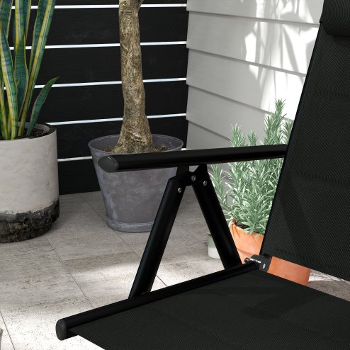 Outsunny Set of 2 Patio Folding Chairs with Adjustable Back, Aluminium Dining Chairs with Breathable Mesh Fabric Padded Seat and Backrest, Headrest for Outdoor Garden Lawn, Black