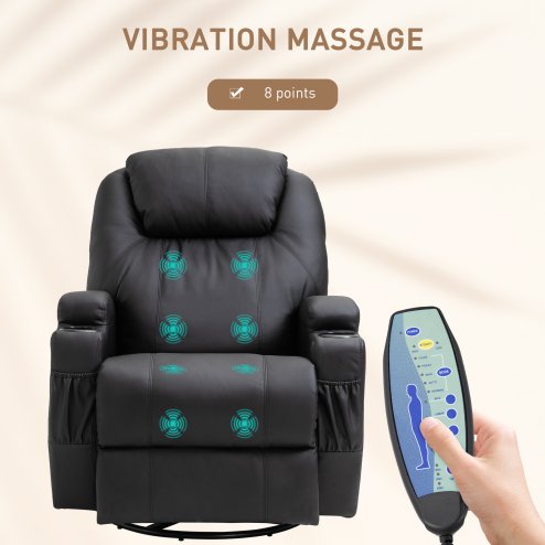 HOMCOM Recliner Chair, Recliner Massage Rocker Chair with 360° Rotate, 165° Reclining Function, Adjustable Footrest, Swivel Armchair Single Sofa for Living Room with Drink Holders, Side Pockets, Black