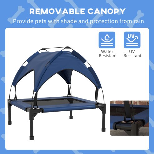 PawHut Cooling Raised Dog Bed, Elevated Pet Bed with Breathable Mesh, UV Protection Canopy, Foot Pads, for Indoor Outdoor, Small, Medium Dogs, 76 x 61 x 69.5cm - Dark Blue