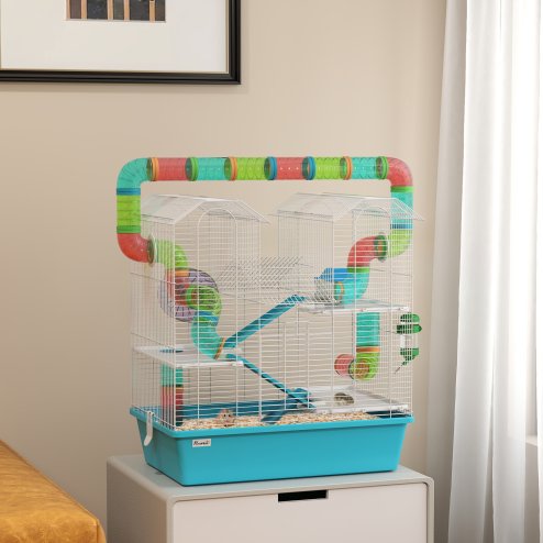PawHut 4 Tier Hamster Cage with Tube, Exercise Wheel, Hut, Water Bottle, Food Dish, Ramps, DIY Design, Large Hamster Cage for Dwarf, Light Blue