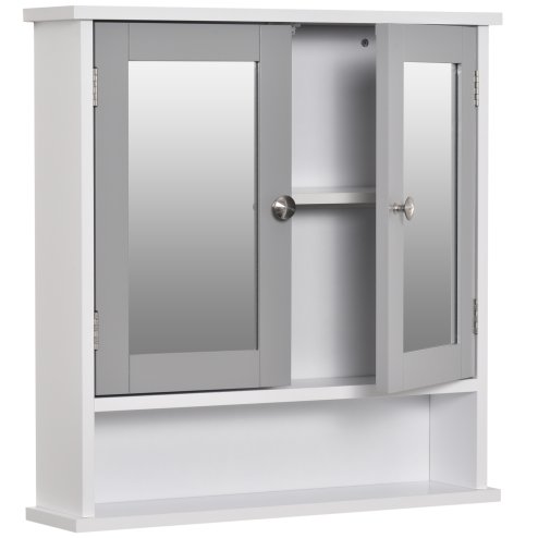 kleankin Mirror Cabinet Wall Mounted with Double Mirrored Doors, Hanging Cabinet with Cupboard and Shelf, Bathroom Wall Storage Organiser