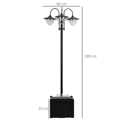Outsunny 189cm 3-head Solar Lamp Post, Street Light with Planter, Automatic-on, 6 Hour Max Outdoor Ready LED Lighting, Black