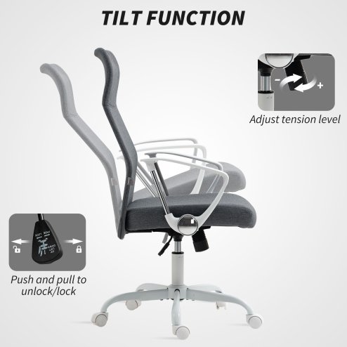 HOMCOM Office Chair, Fabric Computer Desk Chair with High Back, Swivel Wheels, Armrest, Tilting Function, Height Adjustable for Home, Grey