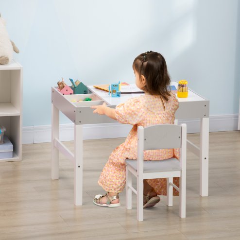 HOMCOM kids Table and Chair Set 2 in 1 Activity Play Table for Bricks Toddler Furniture w/Storage Space, Ideal for Reading, Arts & Crafts - Grey