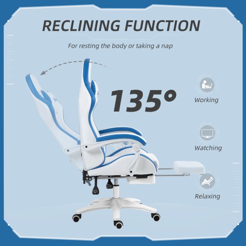 Vinsetto Computer Gaming Chair, PU Leather Office Desk Chair with Footrest, Swivel Wheels, 135?? Reclining Back, Lumbar Support, Headrest for Home, White and Blue