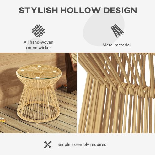 Outsunny Outdoor Coffee Table, Round PE Rattan Side Table with Tempered Glass Table Top, Hollow Drum Design for Garden, Balcony, Patio, Natural