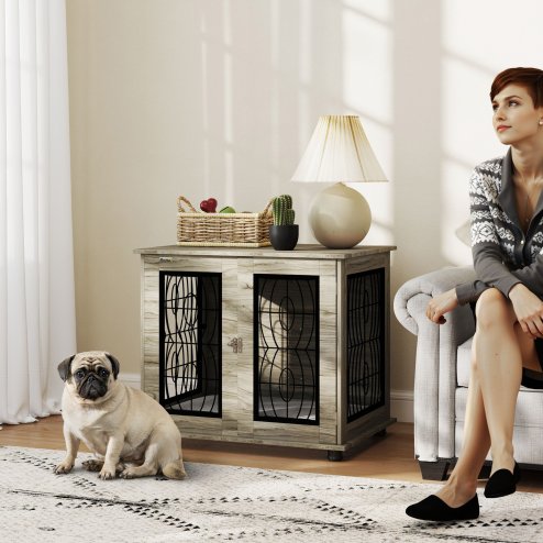 PawHut Dog Crate Furniture, Dog Cage with Soft Washable Cushion, Furniture-Style Pet Kennel Indoor House End Side Table for Small Medium Breeds, 80 x 56 x 63 cm, Grey